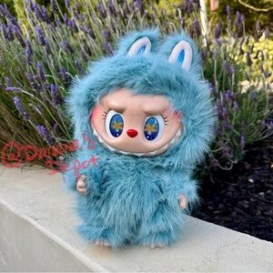 Custom Medium Zimomo Labubu with Blue Fur Tail Yellow Flower Eyes Plush Doll